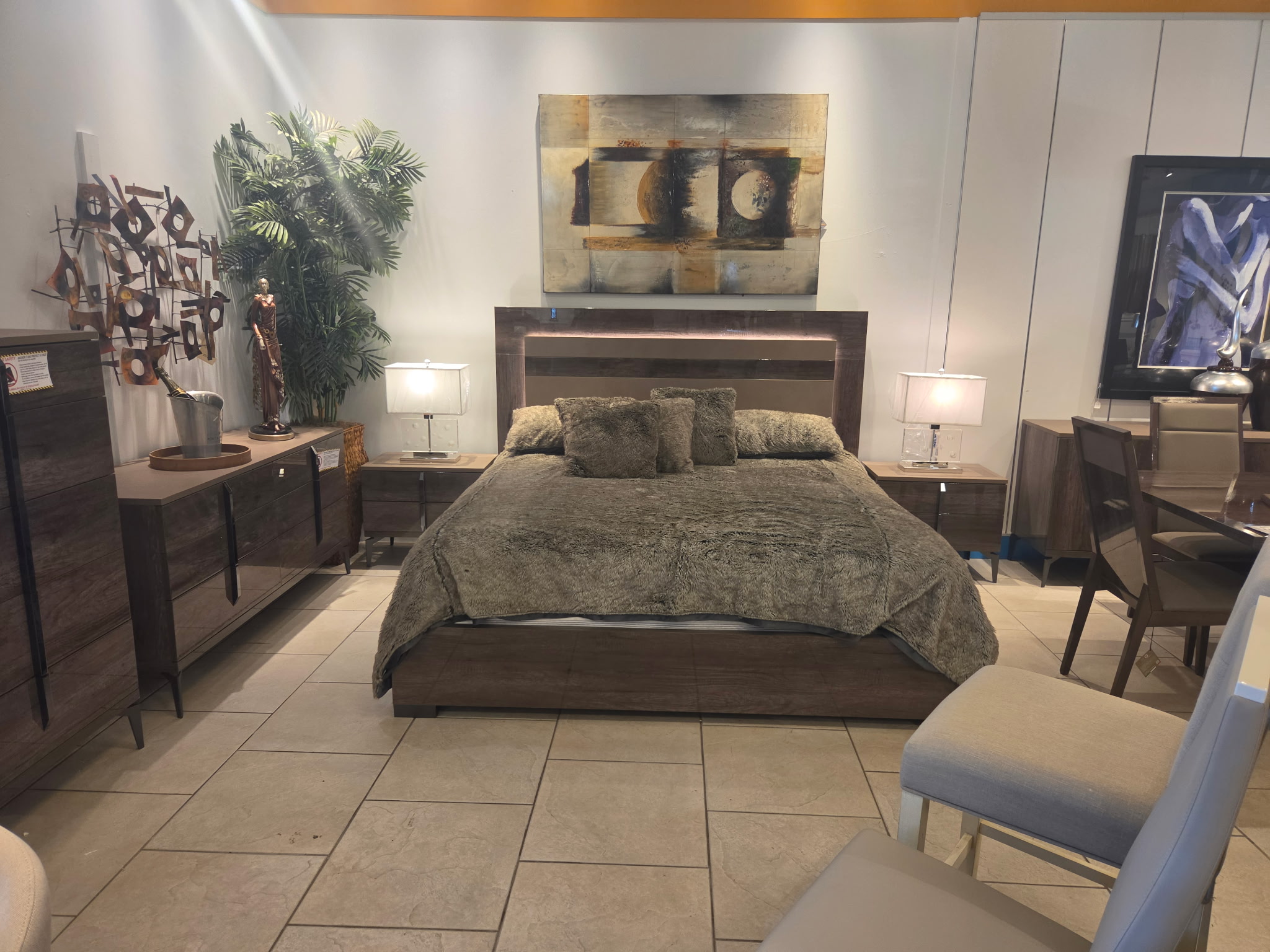 Contemporary dark wood bedroom set in the Riverhead showroom