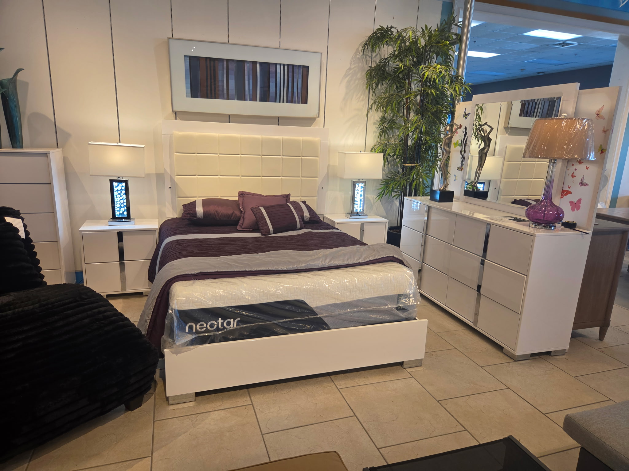 Modern white bedroom collection with upholstered headboard
