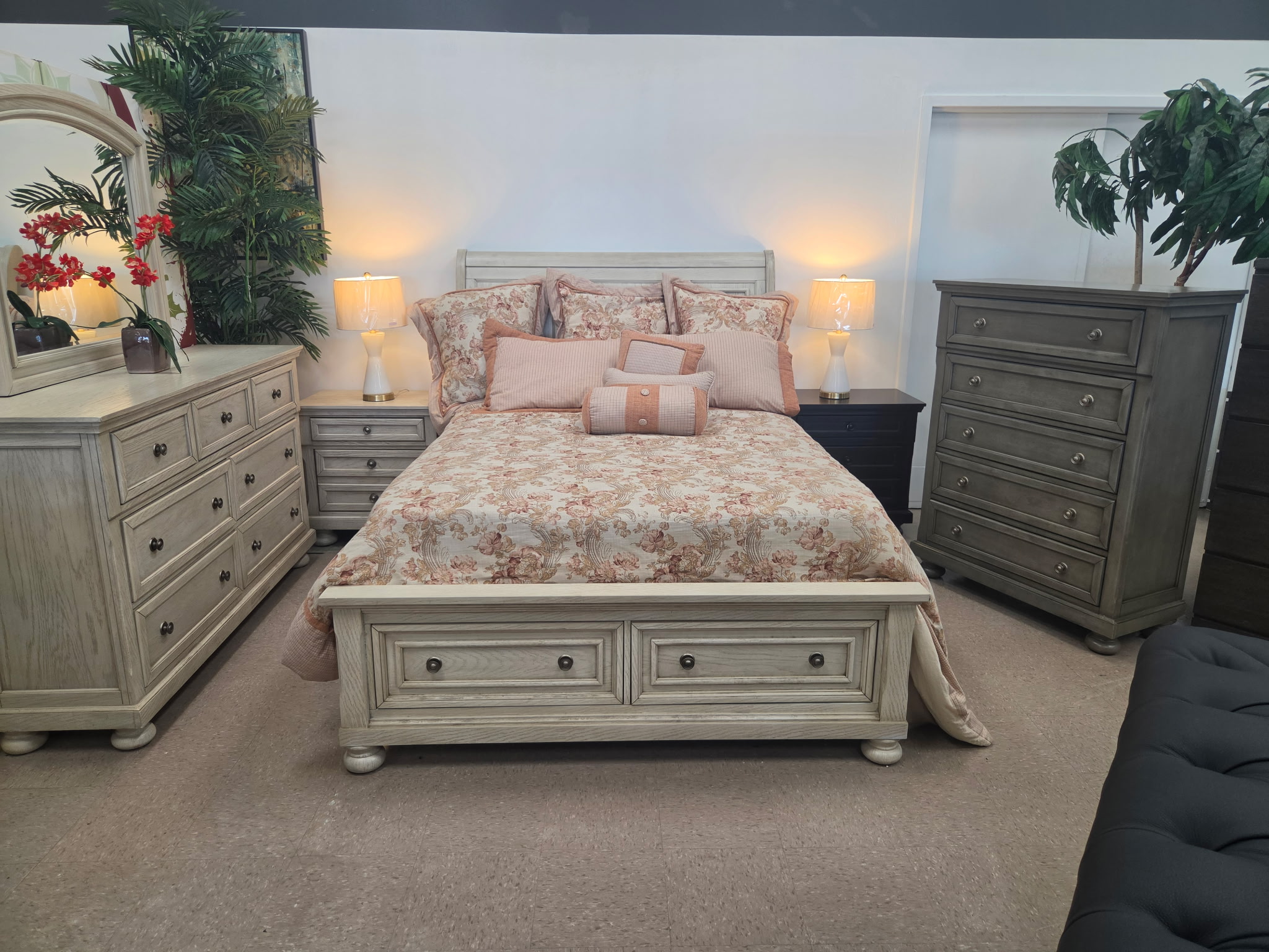 Coastal storage bed with matching dressers and nightstands