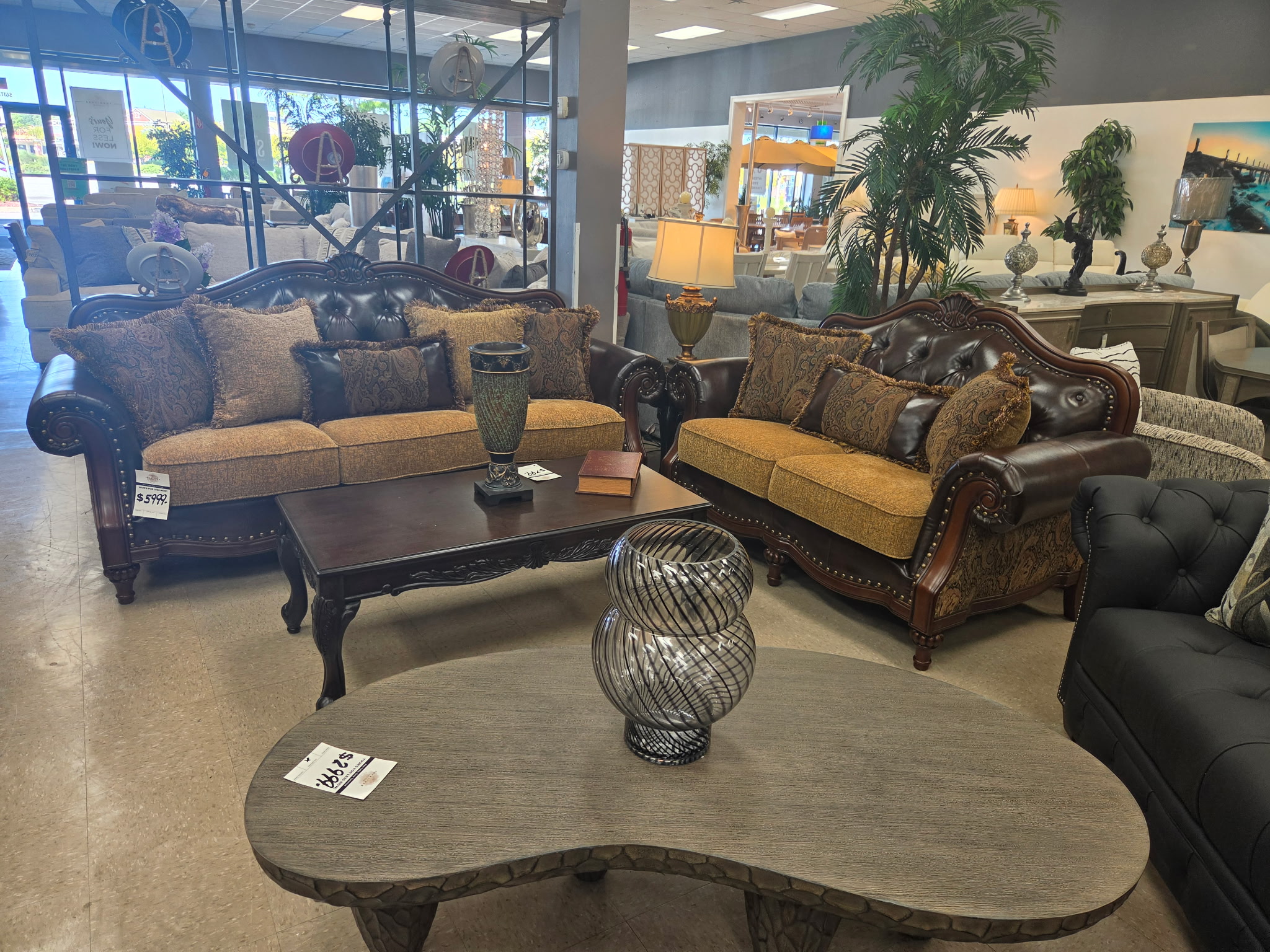 Traditional living room sofa set with coordinated tables